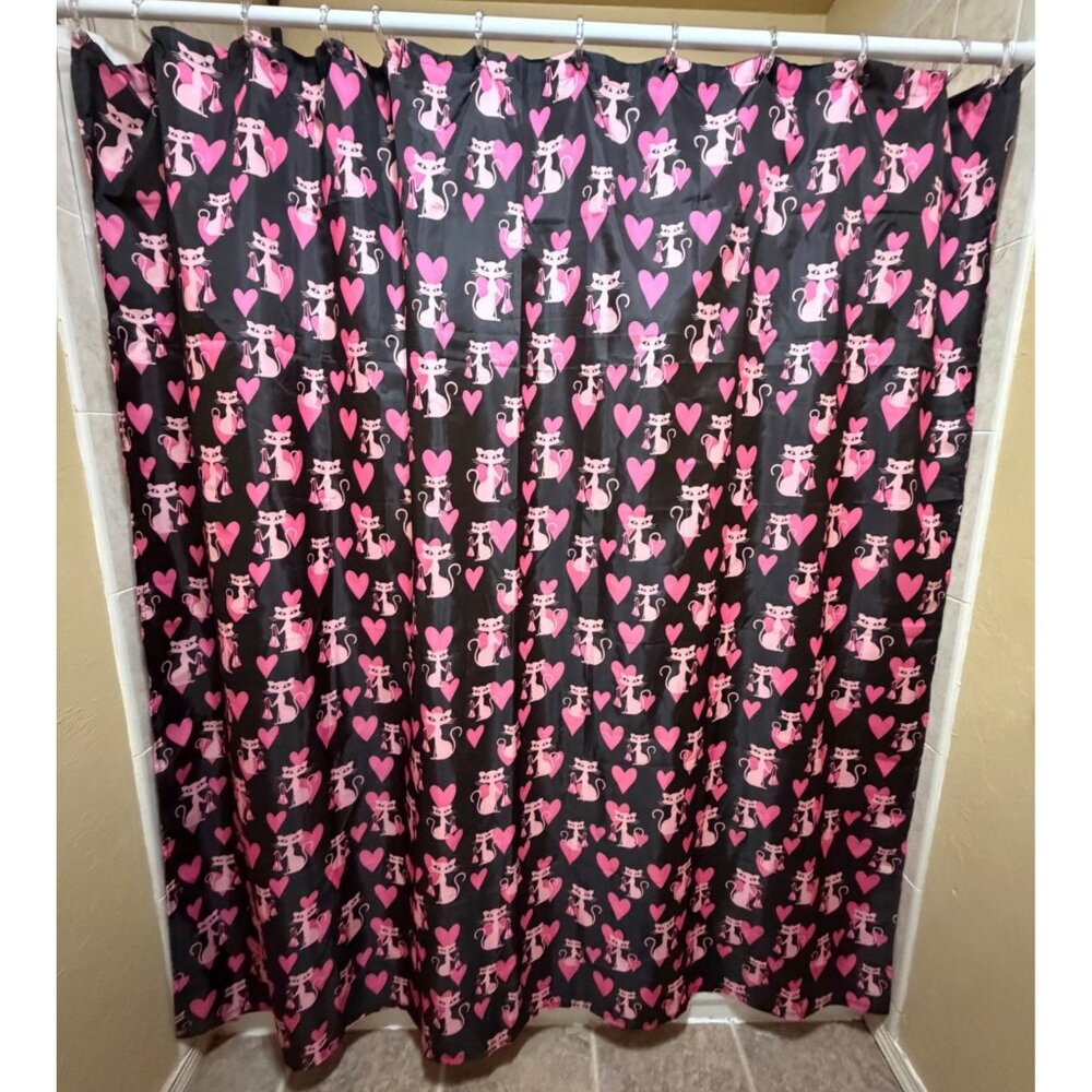 Unbranded Pink & Black Cats/Hearts Pattern Shower Curtain 100% Polyester 70x70.5